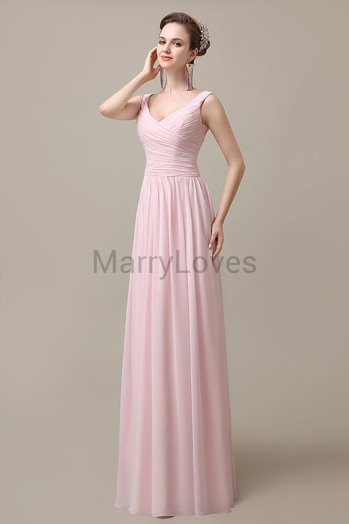 V-Neck Straps Pleats Bridesmaid Dresses