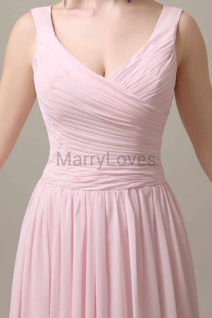 V-Neck Straps Pleats Bridesmaid Dresses