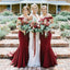 Mermaid Off Shoulder Burgundy Simple Cheap Bridesmaid Dresses With Train, BD0102