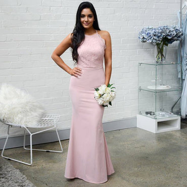 Mermaid Floor-Length Halter Lace Top Long Pink Bridesmaid Dresses, BD0541