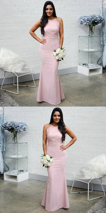 Mermaid Floor-Length Halter Lace Top Long Pink Bridesmaid Dresses, BD0541