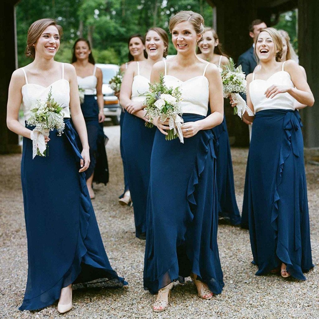 A-Line Spaghetti Straps Dark Blue Chiffon Bridesmaid Dresses With Ruffles, BD0101