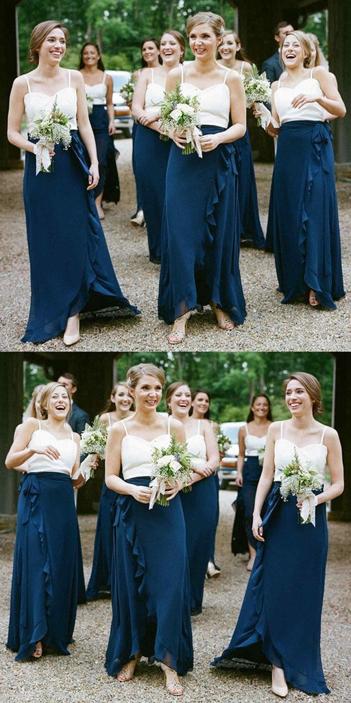 A-Line Spaghetti Straps Dark Blue Chiffon Bridesmaid Dresses With Ruffles, BD0101