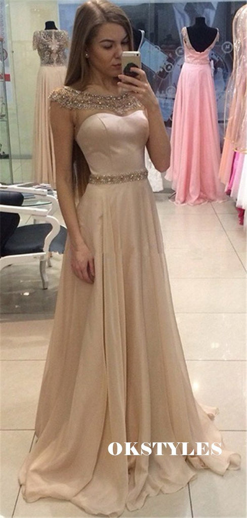 A-line Scoop Neck Cap-sleeves Long Beading Prom Dresses, PD0601