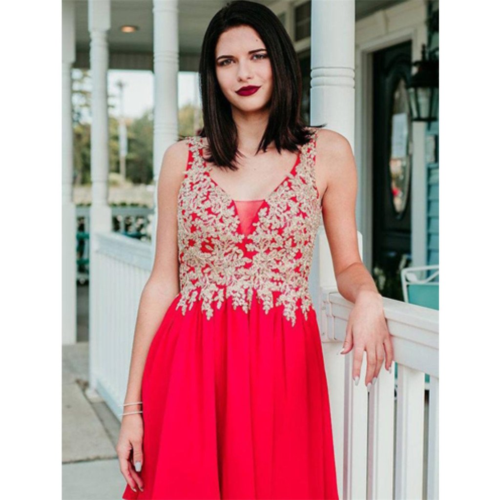 Newest A-line V-neck Appliques Red Chiffon Short  Homecoming Dresses, HD0473