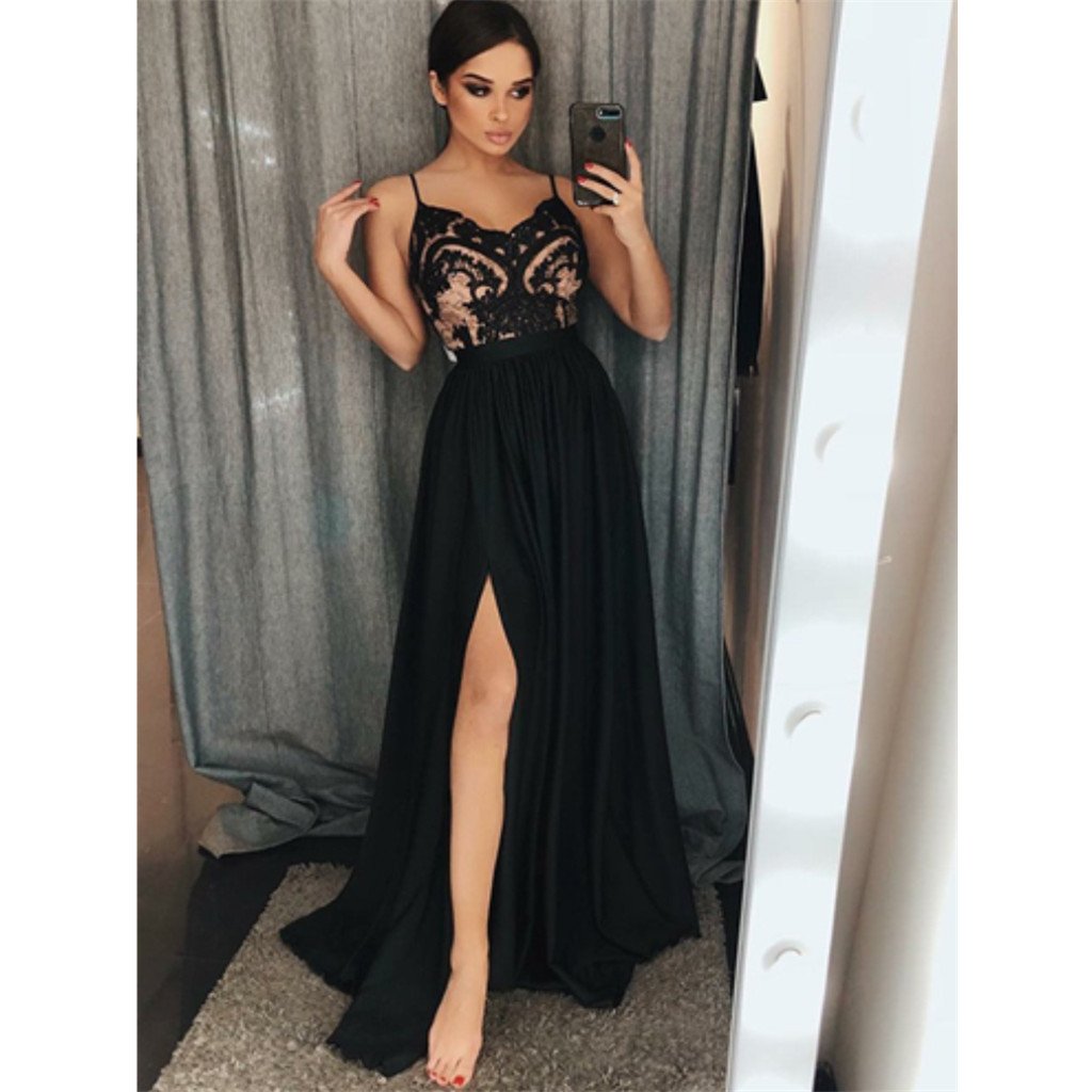 A-Line Black Spaghetti Straps Floor-length Appliques Long Prom Dresses, PD0124