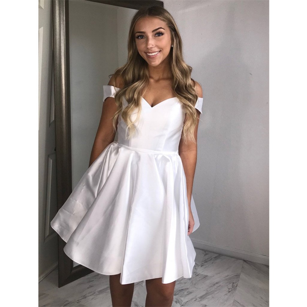 Newest Off-shoulder White Lace Up back Simple Cheap Homecoming Dresses, HD0442