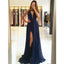 A-Line Deep V-Neck Open-back High Split Chiffon Prom Dresses With Train, PD0126