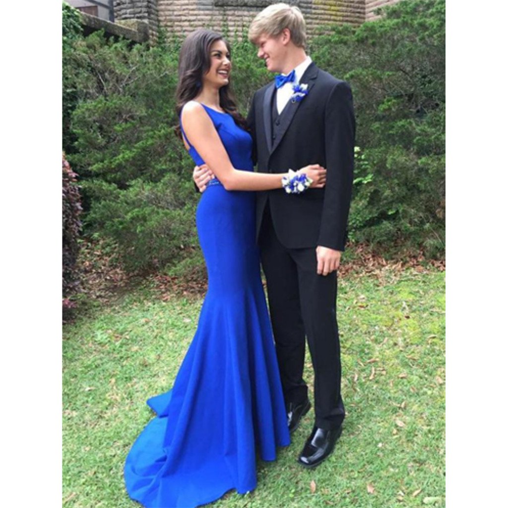 Mermaid Sleeveless Beading Royal Blue Backless Prom Dresses With Train, PD0154