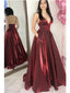 A-line Spaghetti Straps V-neck Long Sexy Burgundy Prom Dresses, PD0571