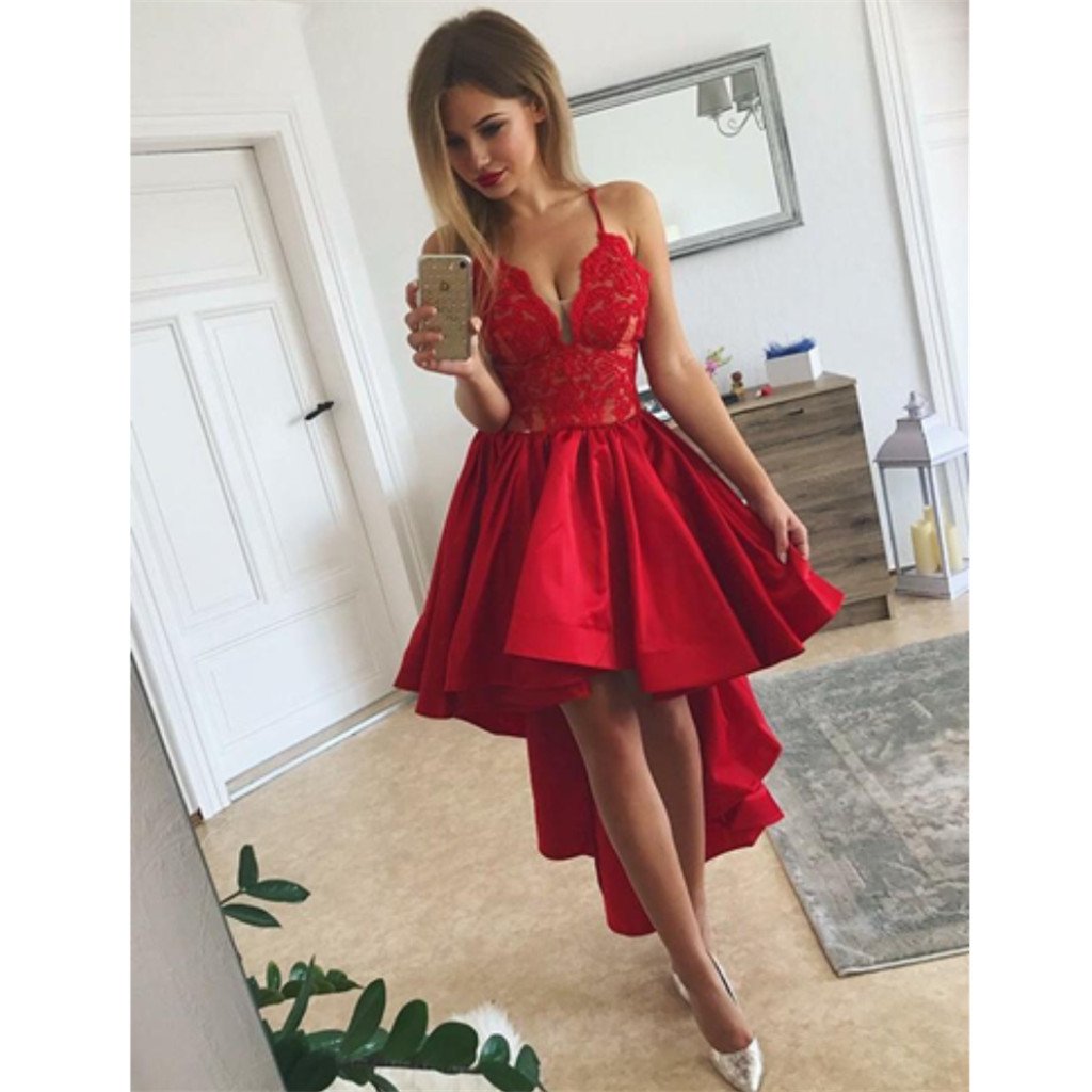 Red Spaghetti Straps Sexy V-neck Lace Top Homecoming Dresses With Pleats, HD0475