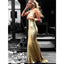 Mermaid V-Neck Backless Gold Sequins Long Prom Dresses With Train, PD0128