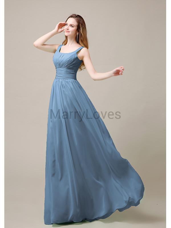 Square Neck Pleats Floor Length Bridesmaid Dresses