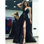 A-Line Spaghetti Straps Deep V-neck Backless High Slit Simple Long Prom Dresses, PD0118