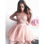 Popular V-neck Pink Lace appliques Long Sleeves Short Homecoming Dresses, HD0446