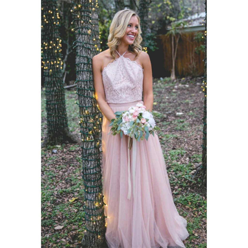 A-Line Halter Floor-Length Lace Pink Tulle Bridesmaid Dresses, BD0571