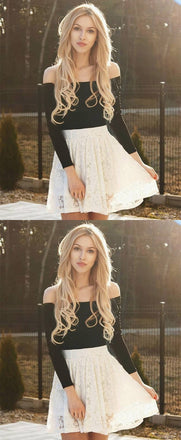 A-Line Off-shoulder Long Sleeves Lace Homecoming Dresses, HD0510