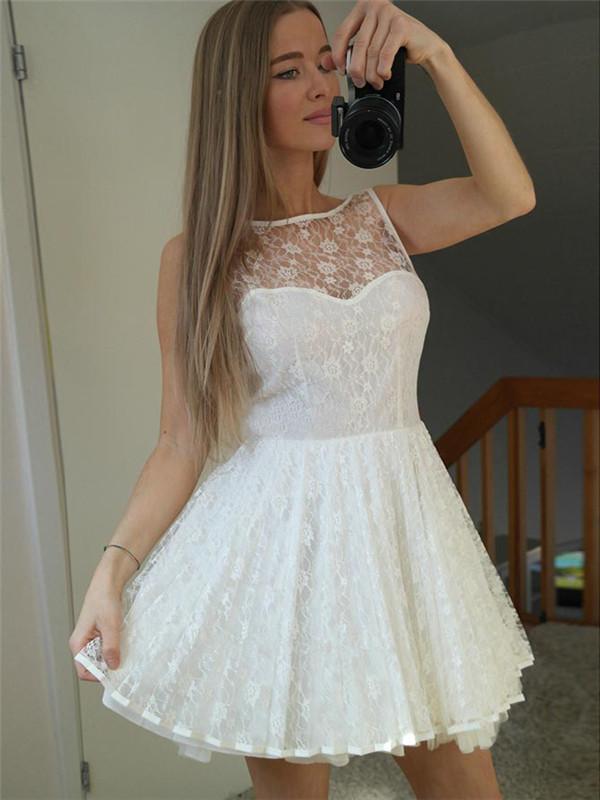 Halter Full Lace Sleeveless V-back Cute Short Homecoming Dresses, HD0525