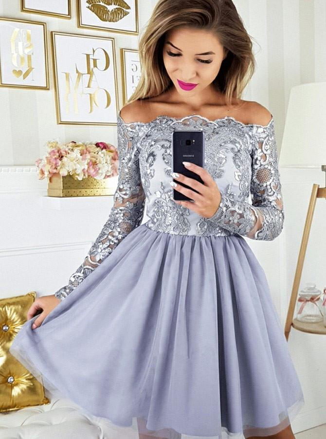 Off-shoulder Lace Appliques Top Long Sleeves Tulle Homecoming Dresses, HD0526