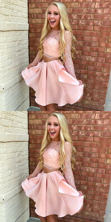 Two-pieces Long Sleeves Pink Lace Short Satin Homecoming Dresses, HD0496