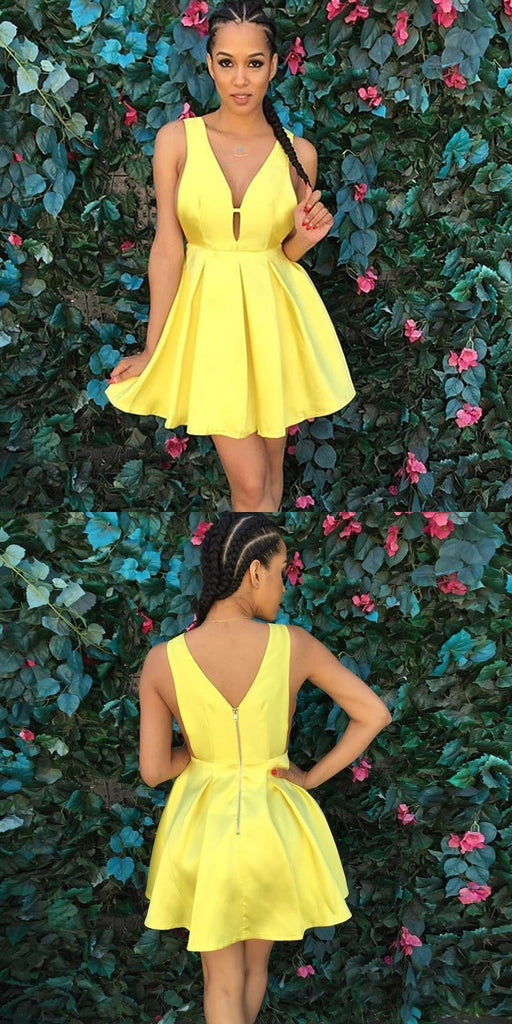 A-line V-neck Simple Yellow Satin Short Homecoming Dresses, HD0518