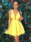 A-line V-neck Simple Yellow Satin Short Homecoming Dresses, HD0518