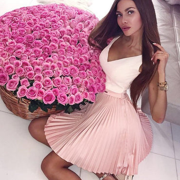 Newest V-Neck Pink Pleats Appliques Back Short Homecoming Dresses, HD0431