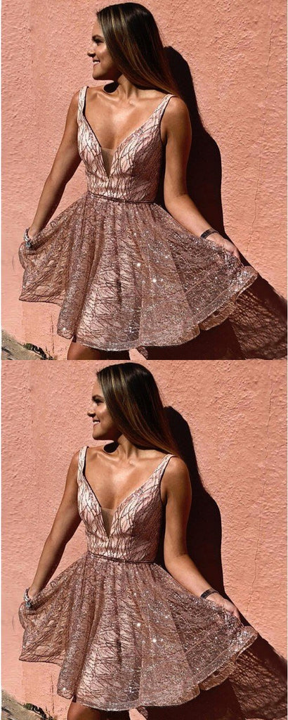 Newest Sparkly A-line Deep V-neck Short Homecoming Dresses, HD0523