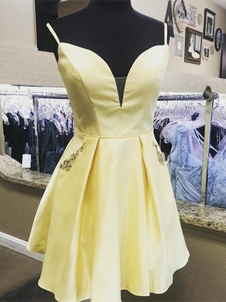 Spaghetti Straps V-neck Beading Homecoming Dresses With Pockets, HD0533