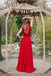 A-line V-neck Sleeveless Long Red Prom Dresses With Split, PD0603