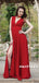 A-line V-neck Sleeveless Long Red Prom Dresses With Split, PD0603