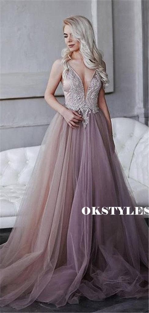 A-line Spaghetti Straps V-neck Beading Backless Tulle Prom Dresses, PD0602