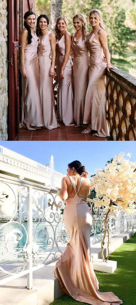 Sheath Simple Cheap Long Backless Bridesmaid Dresses With Train, BD0600