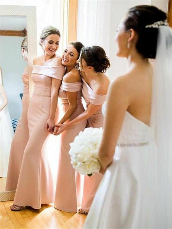 Mermaid Off-shoulder Floor-length Long Satin Bridesmaid Dresses, BD0594