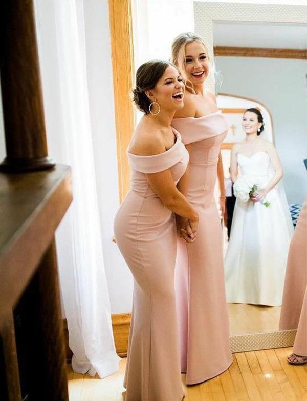 Mermaid Off-shoulder Floor-length Long Satin Bridesmaid Dresses, BD0594