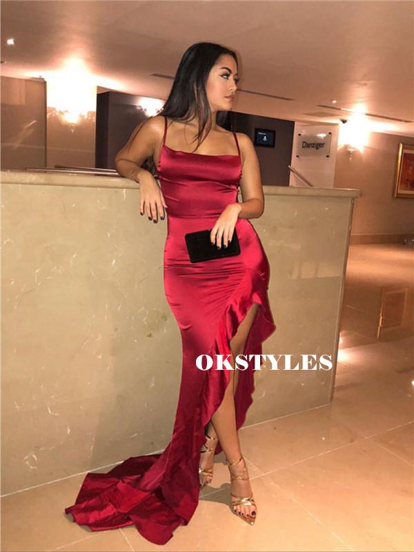 Sheath Spaghetti Straps Red Satin Split Prom Dresses With Ruffles, PD0610