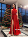 Halter Sleeveless Long Red Split Prom Dresses With Bow, PD0595