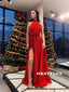 Halter Sleeveless Long Red Split Prom Dresses With Bow, PD0595