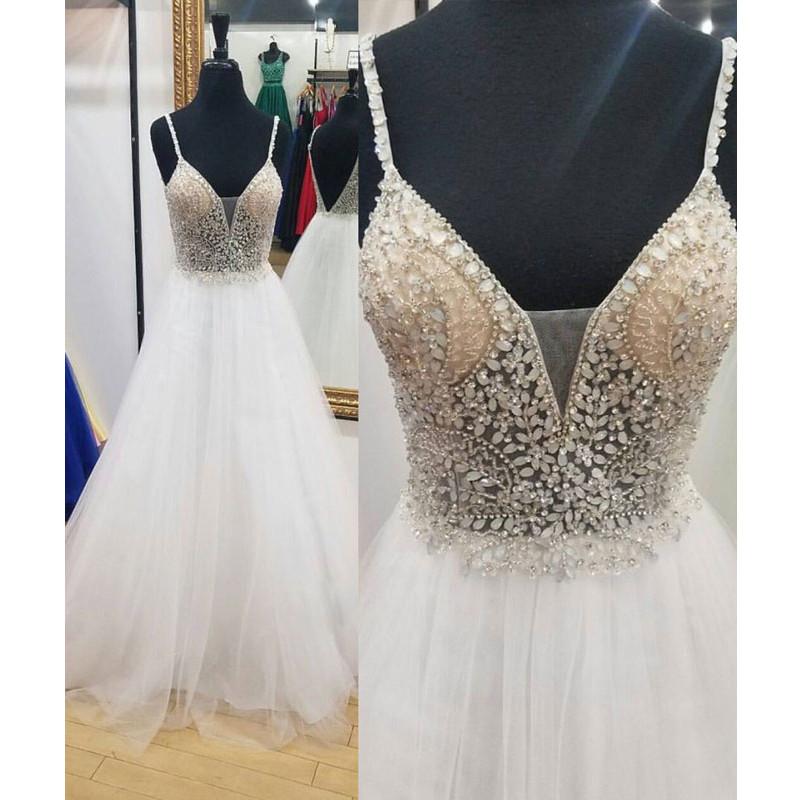 Charming Beaded Top White Tulle Affodable Long Prom Dresses, BG51531 - Bubble Gown