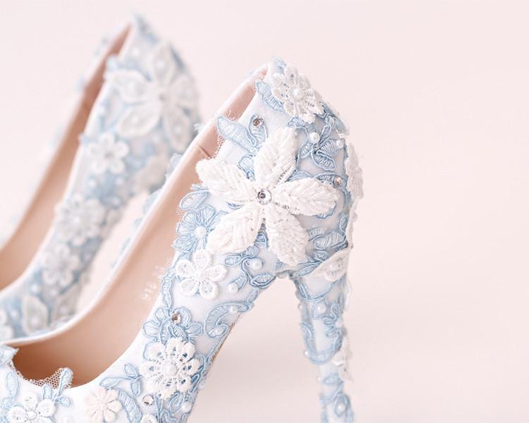 Handmade High Heels Round Toe Blue Lace Crystal Wedding Shoes, S0040