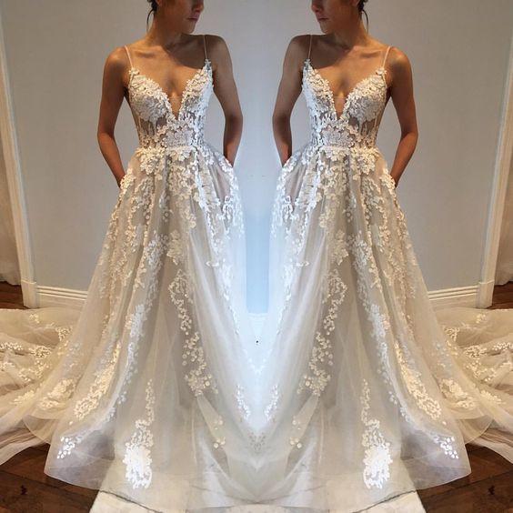 Applique Sexy Online V Neck Ivory Fashion Long Prom Wedding Dresses, BG51501 - Bubble Gown