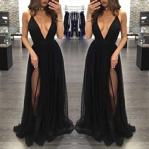 Black Deep V Neck Sexy Simple Side Split Long Party Prom Dresses, BG51514 - Bubble Gown