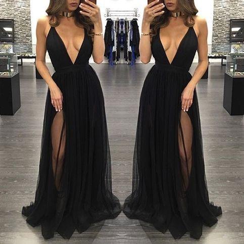 Black Deep V Neck Sexy Simple Side Split Long Party Prom Dresses, BG51514 - Bubble Gown