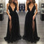 Black Deep V Neck Sexy Simple Side Split Long Party Prom Dresses, BG51514 - Bubble Gown