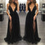 Black Deep V Neck Sexy Simple Side Split Long Party Prom Dresses, BG51514 - Bubble Gown