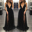 Black Deep V Neck Sexy Simple Side Split Long Party Prom Dresses, BG51514