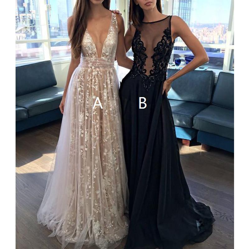 Charming Deep V Neck Sexy Applique Tulle Lace Long Prom Dresses, BG51532