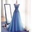 Blue Cap Sleeve Applique Tulle Popular Charming Long Prom Dresses, BG51540 - Bubble Gown