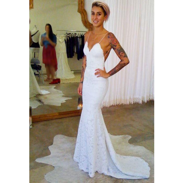 Spaghetti Strap Lace Sexy Mermaid Cheap Long Wedding Dresses, BG51583