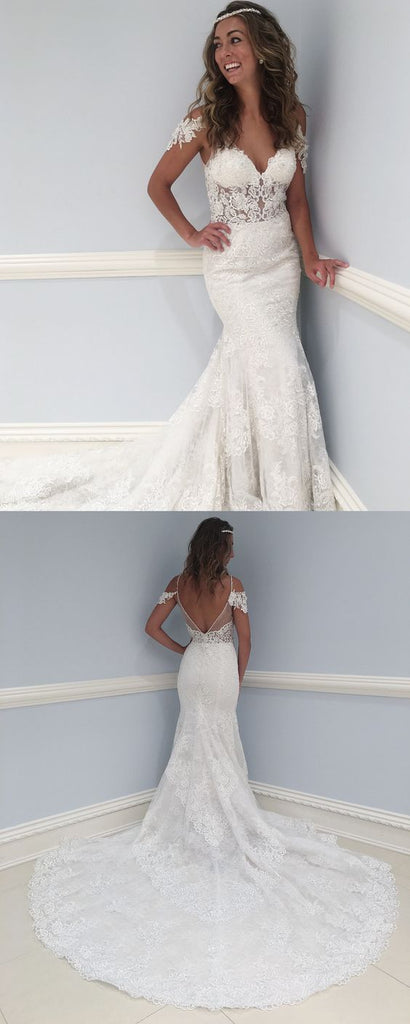 Unique Mermaid V Neck Lace V Back Long Wedding Dresses, BG51634